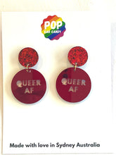 Load image into Gallery viewer, Red Queer AF glitter top circle dangles
