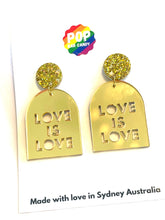 Load image into Gallery viewer, Gold Love is Love glitter stud top arch dangle
