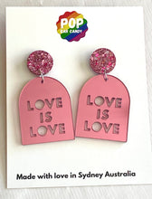 Load image into Gallery viewer, Pink Love is Love glitter stud top arch dangle
